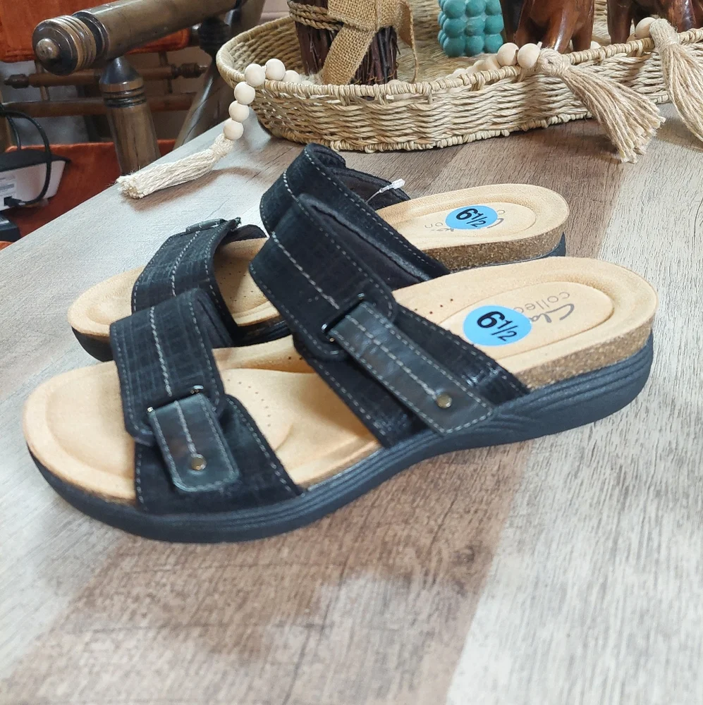 Clarks Collection Shoes Women Black Adjustable Slide Sandals April Dusk Size 6.5